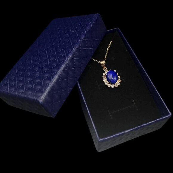 Vintage Blue Lapis Lazuli and Swarovski Crystal Pendant Necklace 18K Gold Elec - Picture 5 of 5